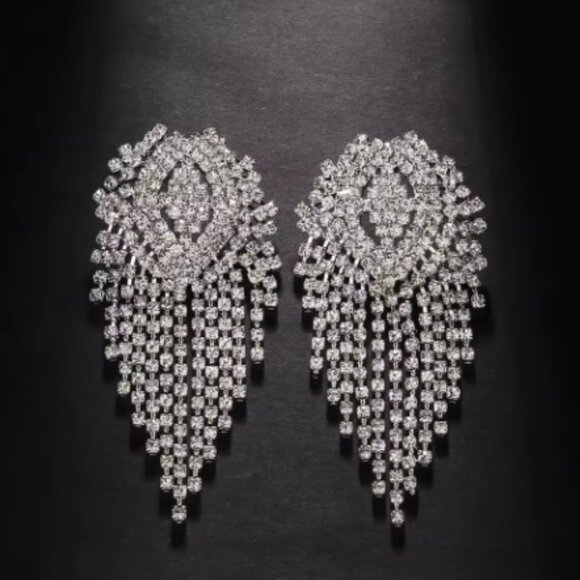 LUXURY Rhinestone Tassel Drop Earrings - Bridal/Formal - Picture 5 of 5